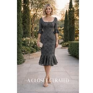 La Femme Mermaid Hem Embroidered Mesh Sheath Dress 8 Silver NEW